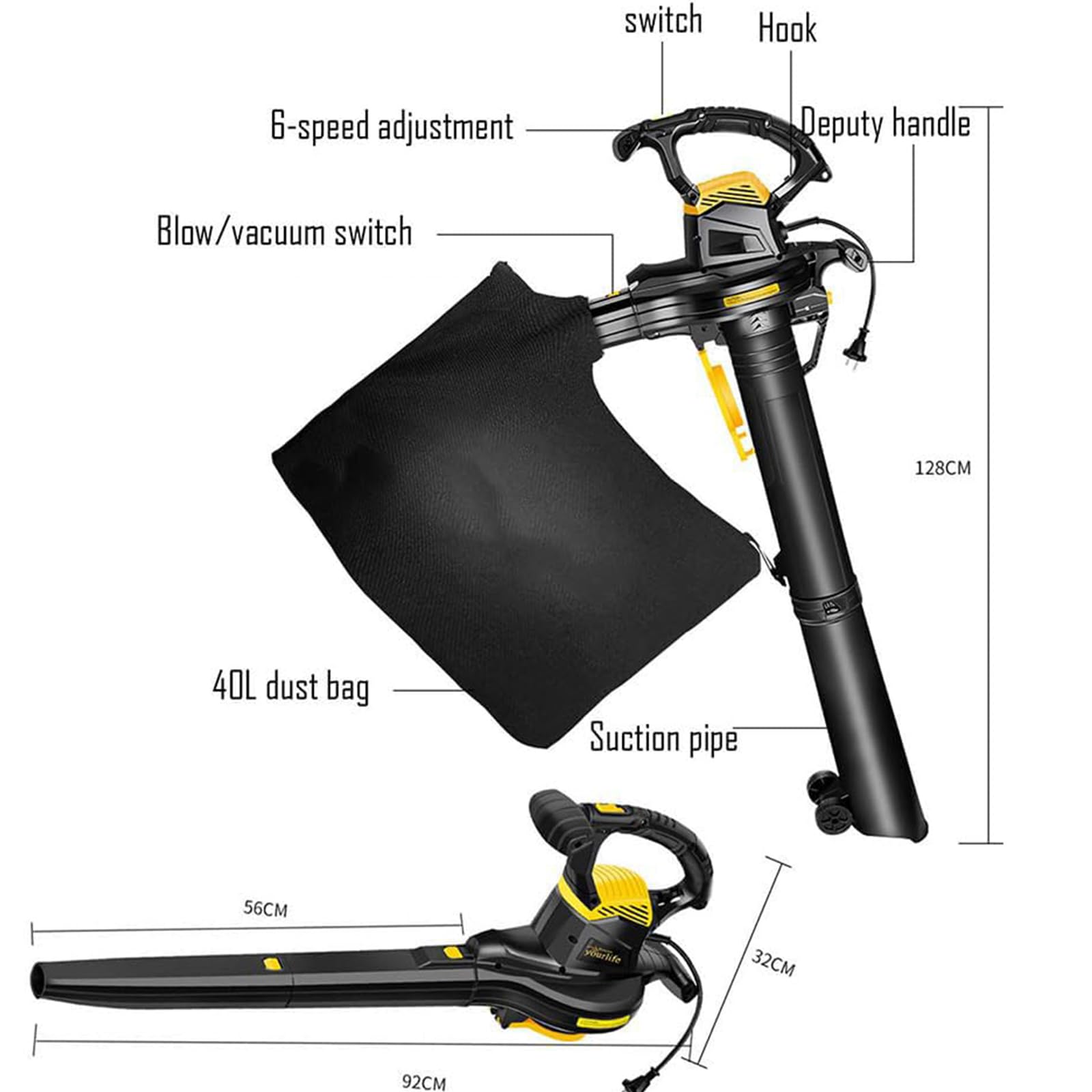 Soplador de hojas eléctrico 3 en 1, 3800 W, soplador y triturador de hojas para jardín con bolsa recolectora de 40 L, relación de trituración de 16:1, triturador de jardín para soplar hojas, escombr