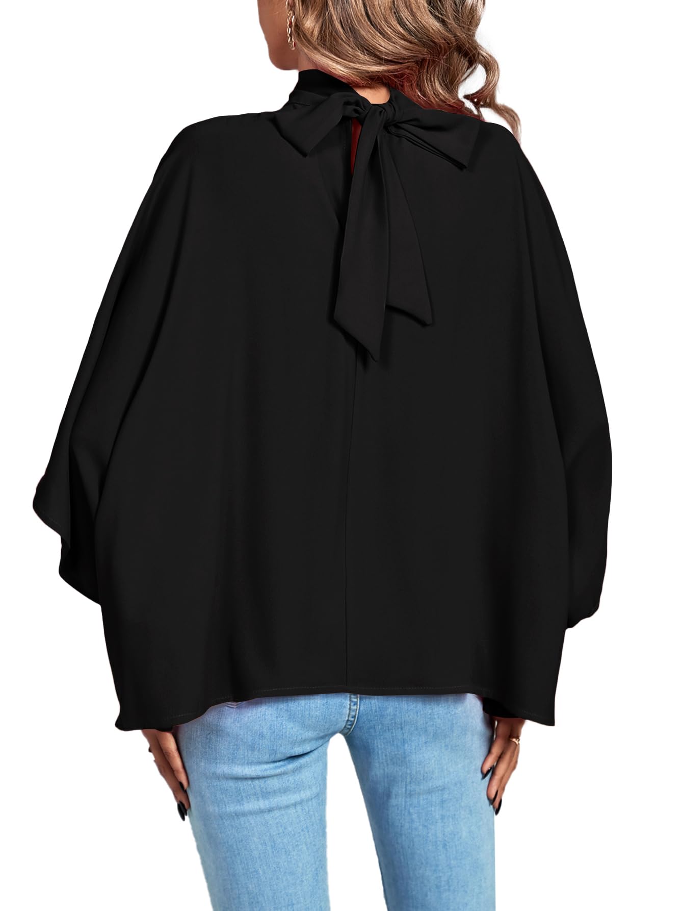 LYANER Women's Mock Neck Pleated Batwing Sleeve Drape Tie Back Blouse Shirt Top
