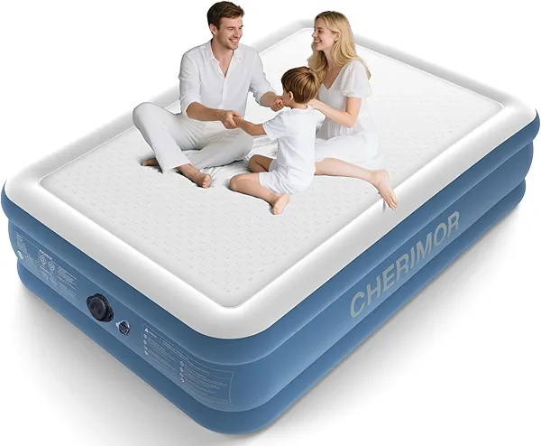 CHERIMOR Queen Air Mattress with Built-in Rechargeable Pump, 16" Upgraded Firmness Blow Up Mattress, Heavy Duty Inflatable Bed Supports 1500 lbs, Portable 3 Mins Inflatable for Home Guests & Camping