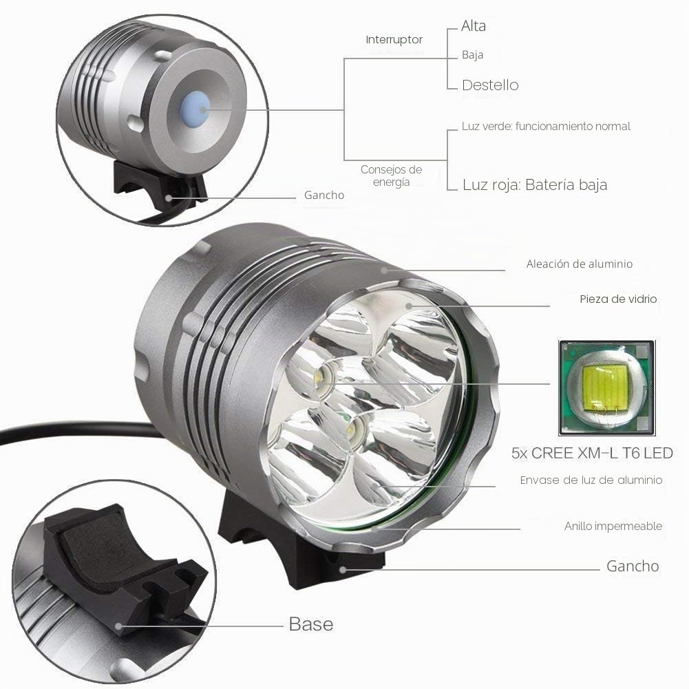 WASAGA - Luces de Bicicleta de 6000 lúmenes 5 LED, luz Delantera de Bicicleta de montaña Impermeable con batería Recargable de 6400 mAh, Faro Delantero de 3 Modos