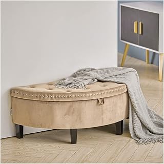 INMOZATA Half Moon Storage Ottoman Bench Velvet Window Seat Bench Footstool Upholstered Bench Sofa Bench Bed End Stool for Living Room Bedroom Hallway Beige