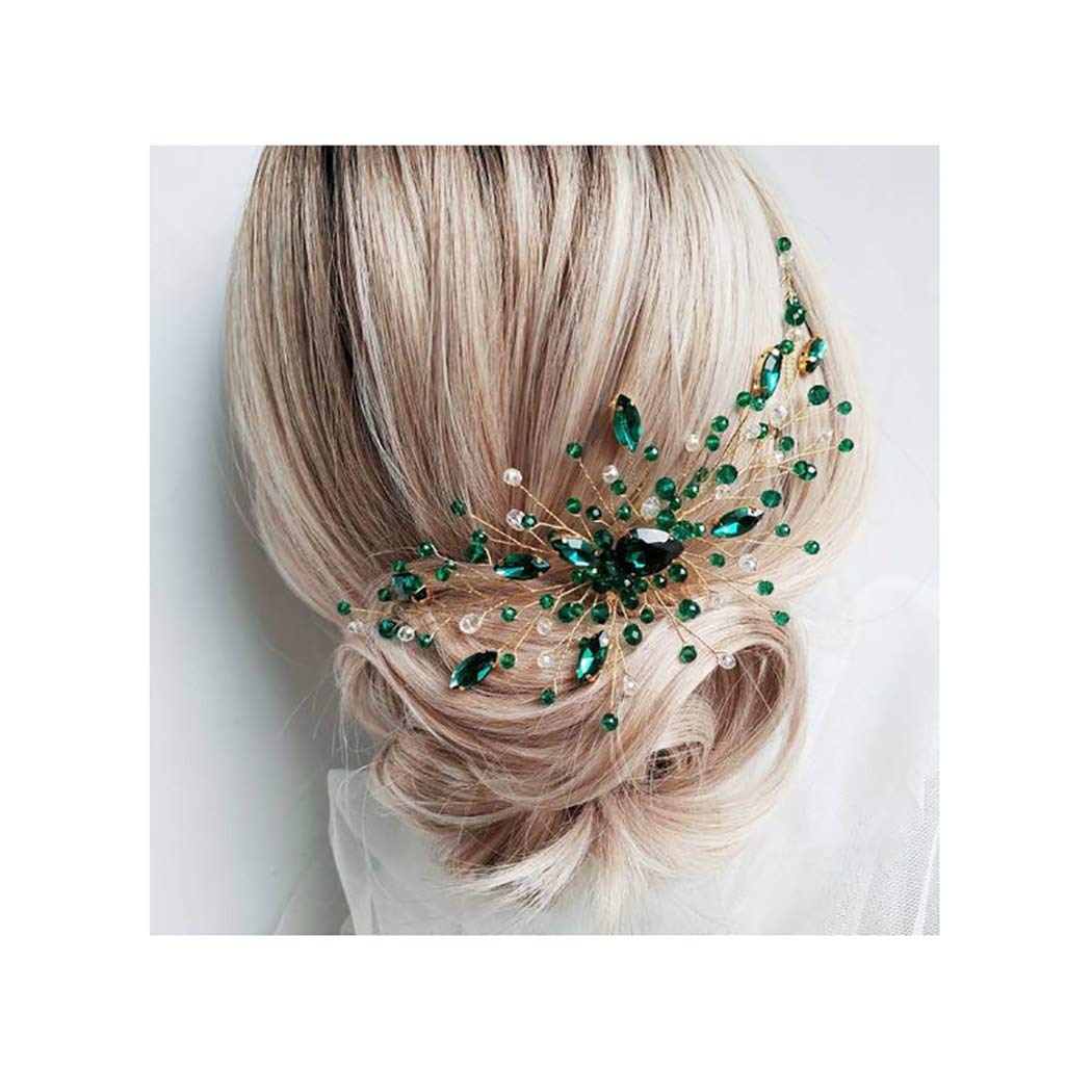 IYOU Peineta para el pelo de princesa con cristales verdes para novia, accesorios para niñas y mujeres (dorado)