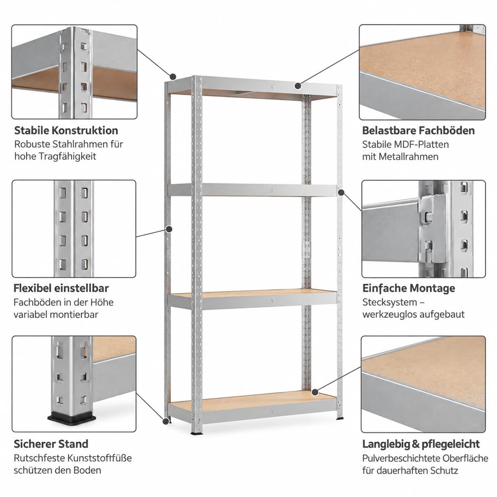 Kreher XL Schwerlastregal 75 x 30 x 150 cm – Metallregal mit 4 MDF-Böden – bis 100 kg je Boden – Steckregal werkzeuglos montierbar – Lagerregal für Keller, Garage & Werkstatt – Verzinkt (2er Set)