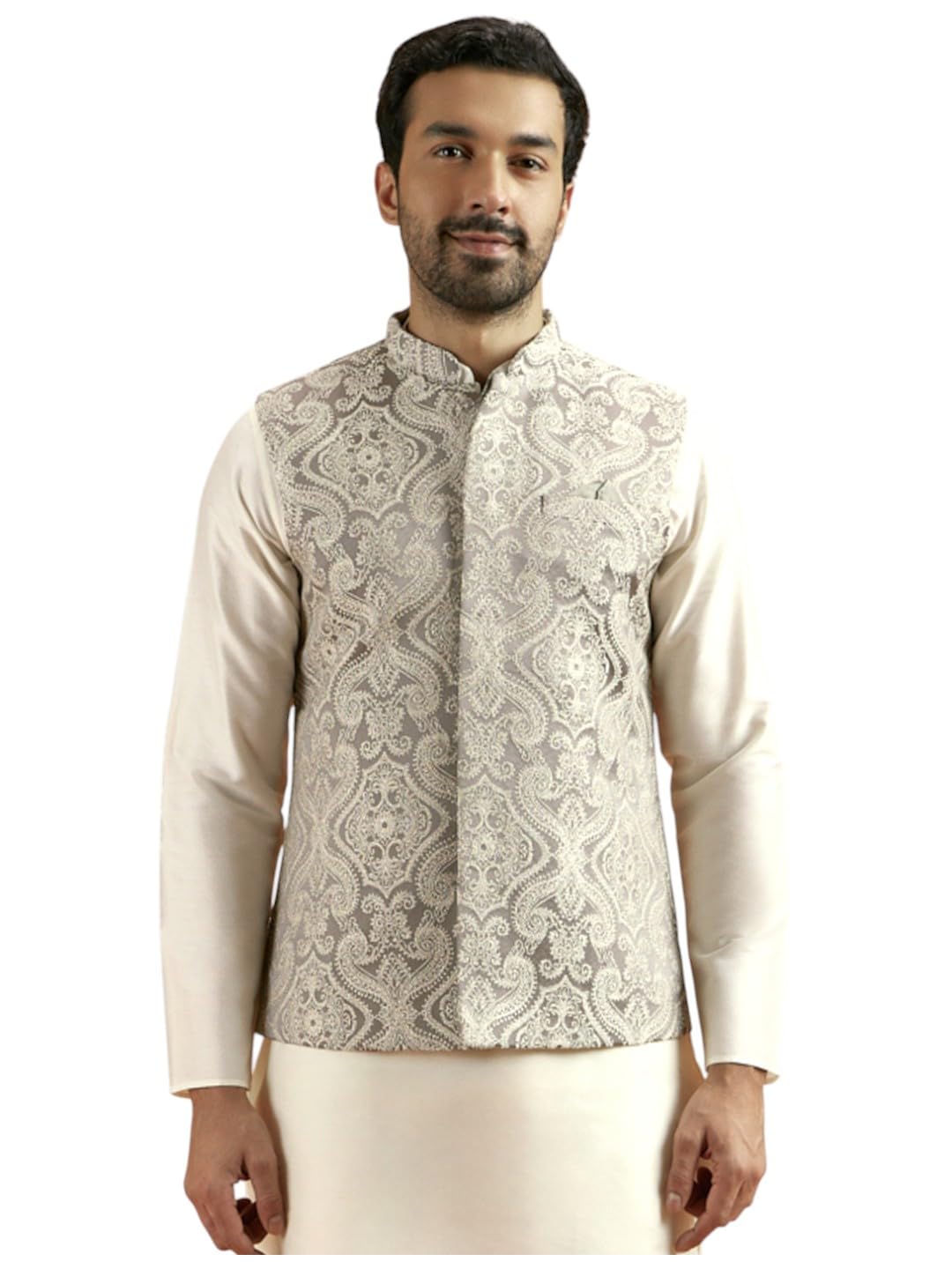 kisah Men's Jacket, Grey Jacquard, Woven Design Regular Fit Mandarin Collar Sleeveless-picture-27