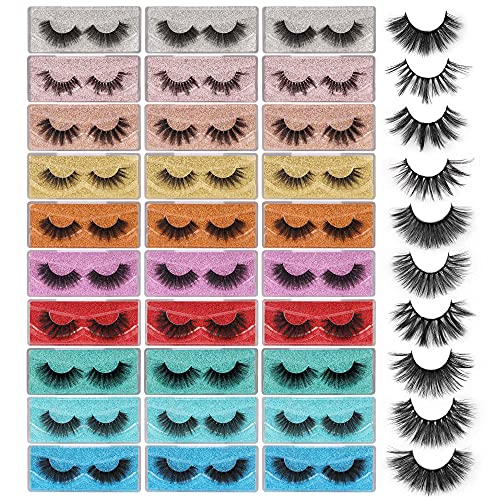 False Eyelashes 3D Faux Mink Lashes Bulk Wholesale 18mm 20mm Dramatic Fluffy Lashes Pack 30 Pairs 10 Styles Mixed Soft Reusable Fake Eyelashes Bulk with Glitter Portable Boxes