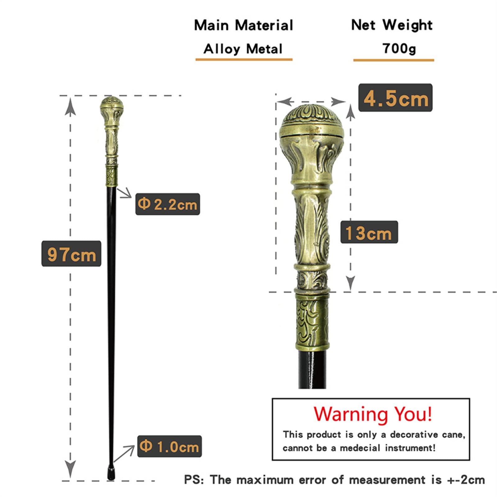 Bastones Bastón Elegante con Mango de Bola for Hombre, bastón Metal Vintage for, 91cm para Hombres como para Mujeres