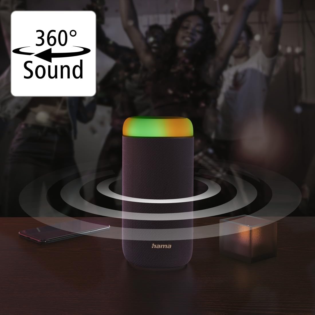 Hama Enceinte Bluetooth Portable Shine 2.0" Lumineux 5 Couleurs sans Fil, Lumière LED, Haut Parleur Etanche IPX4, Rechargeable Autonomie 12h, Résistance poussière et Chocs, Puissance 30 W, Noir