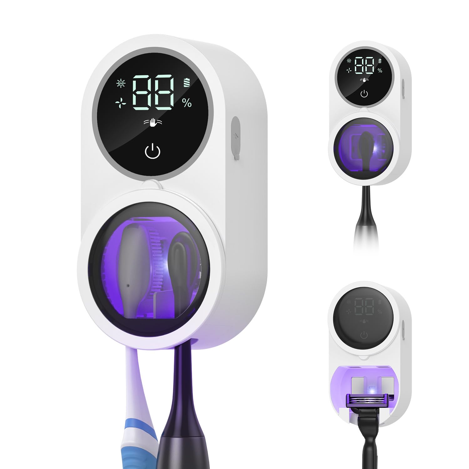 ORIA Sterilizzatore UV per Spazzolini – Mural senza Contatto | UV + Calore, Sensore Ir Auto, Display Led, Parete, Ricarica USB-C, per Bagno, Viaggio