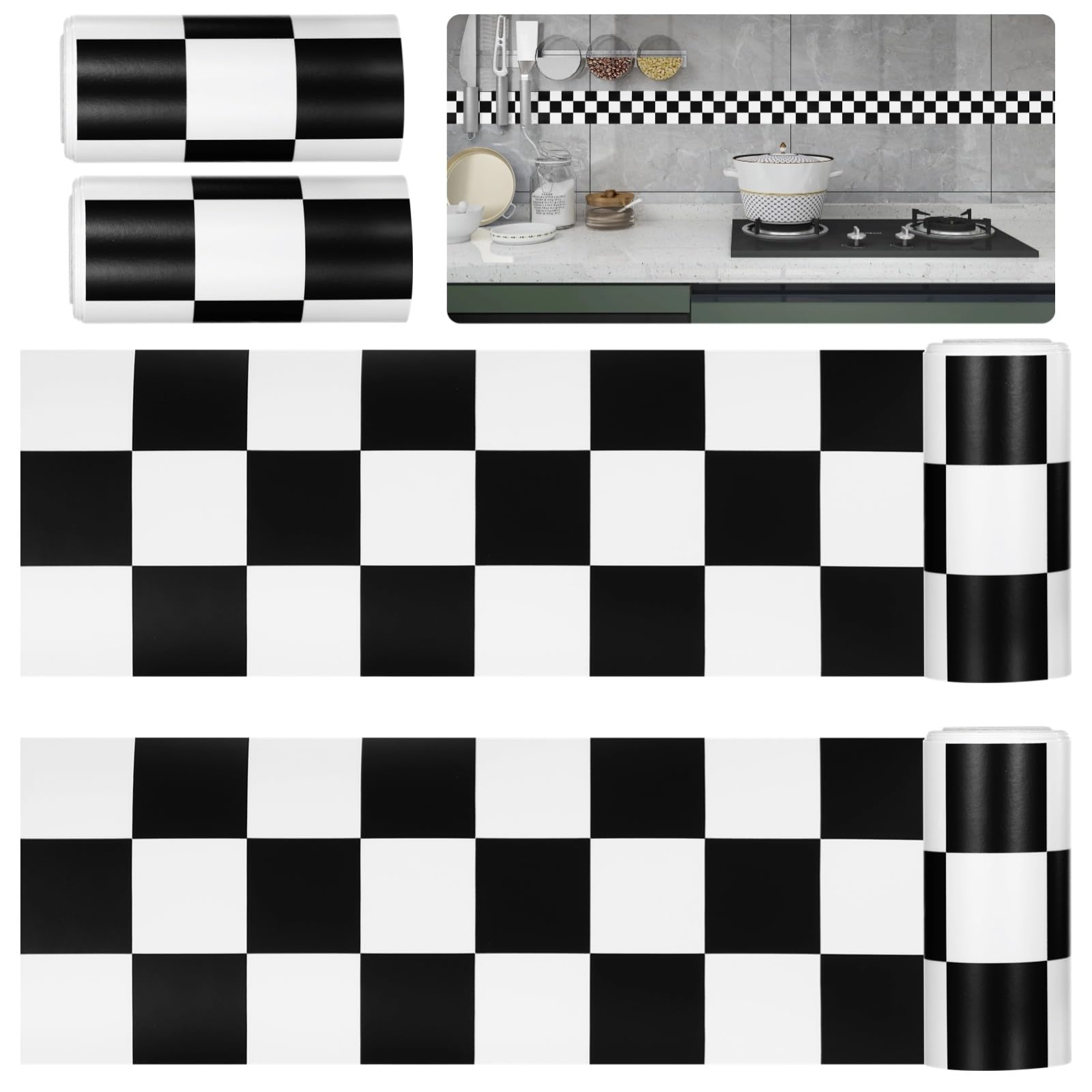 Papel tapiz de bandera a cuadros en blanco y negro autoadhesivo de PVC con 4 rollos de 7.9 pies