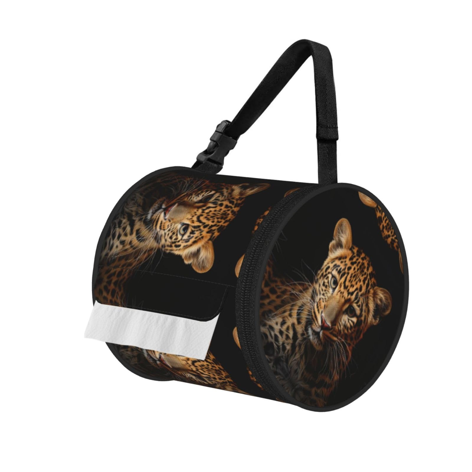 Leopard Print Print Cylinder Tissue Organizer Bag With Strap, Portable Toilet Roll Holder For Camping Car