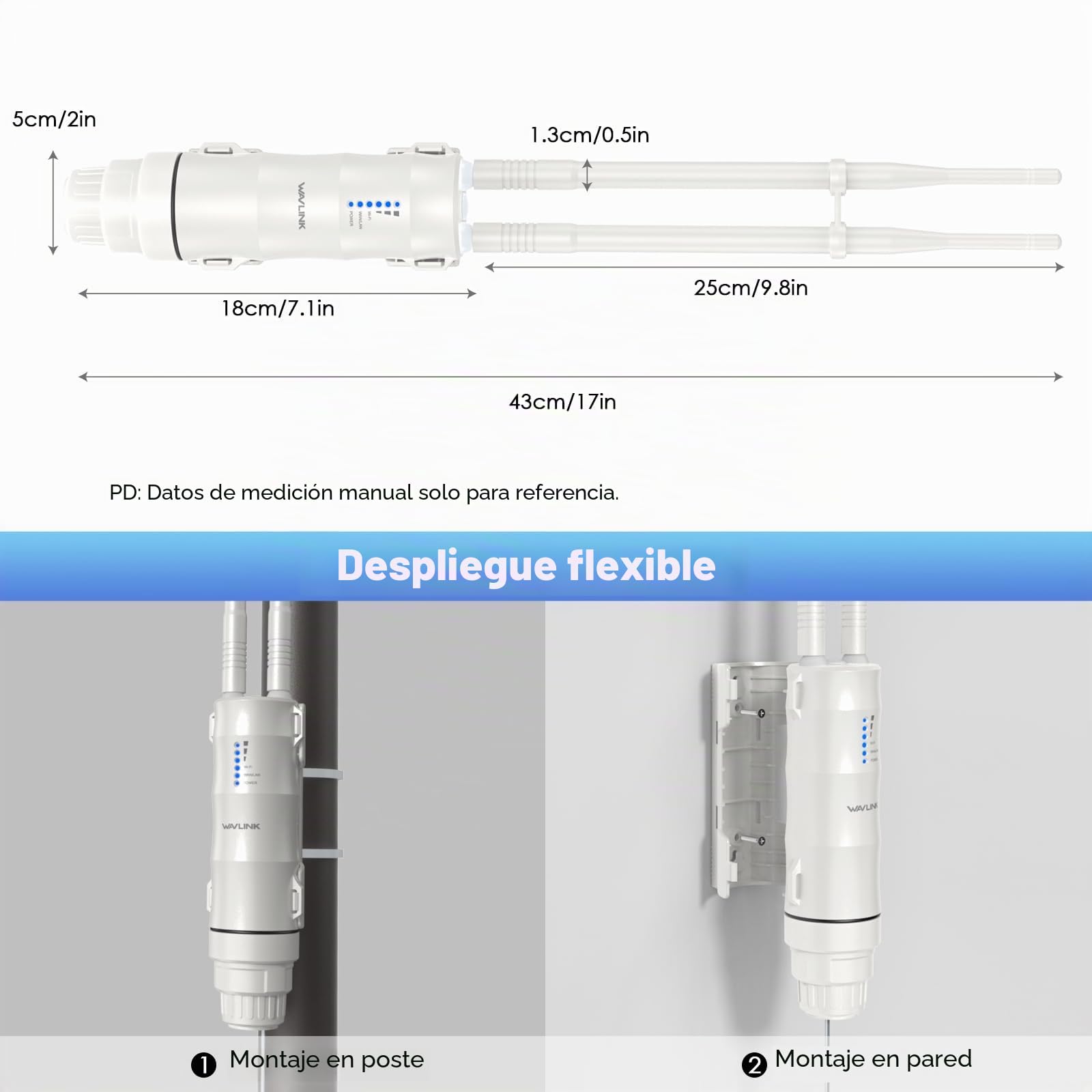 WAVLINK Punto de Acceso al Aire Libre AC600, Router/Extensor WiFi de Doble Banda de Gran Alcance, 2,4 GHz 150 Mbps + 5 GHz 433 Mbps, 2 x 7 dBi Omni, PoE pasivo y Activo, Compatible con Fit/Fat Ap