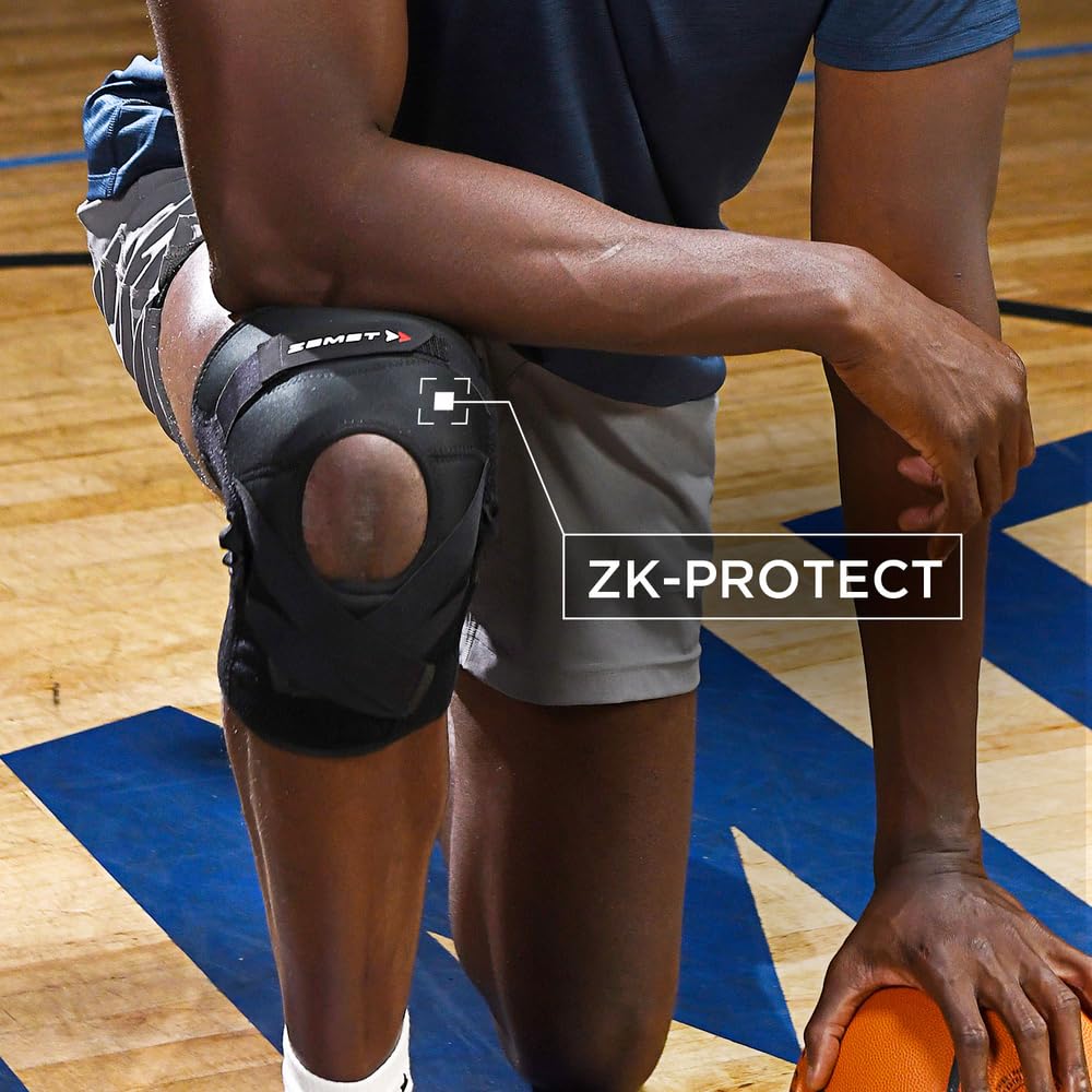 Zamst ZK-Protect Knee - Ginocchiera per Stabilizzazione legamenti anteriore LCA, laterale LCL e mediale LCM, sostegno articolazione, menisco e rotula - Basket, Sci, Volley, Calcio e altri sport (M)