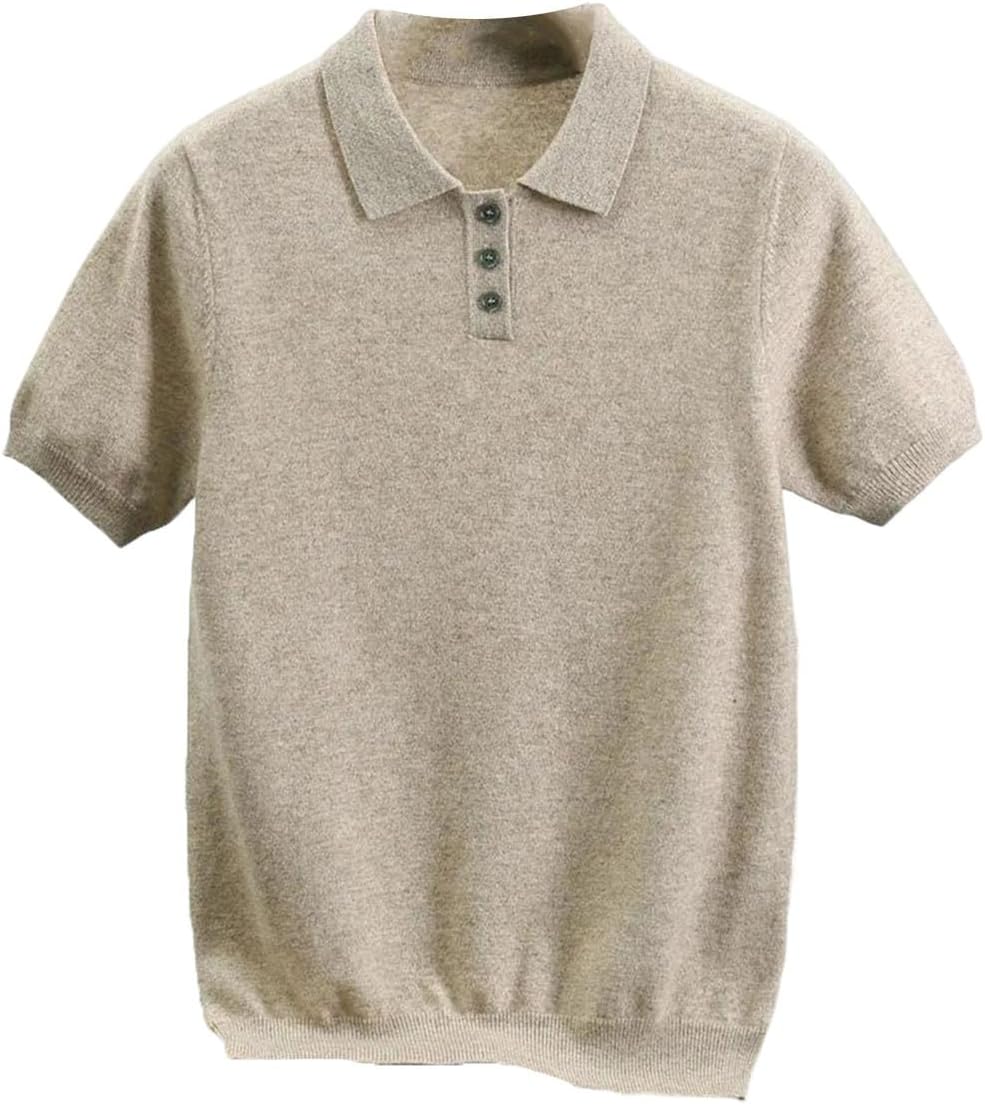 Men's Cashmere Polo Collar Sweater Short Sleeve Knit Pullover Solid Business Casual Soft Tops