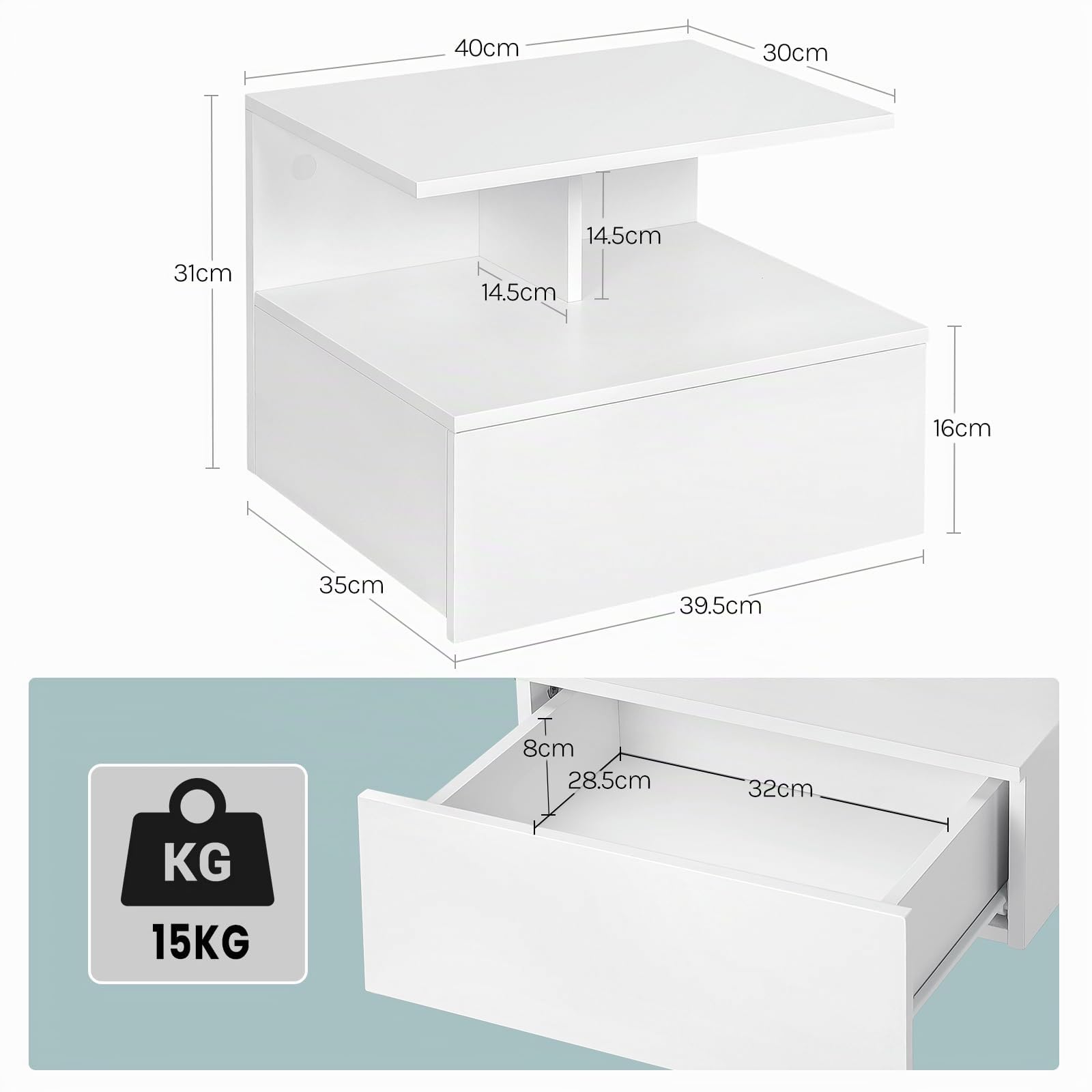 WOLTU 2er Set Nachttisch hängend, schwebender Nachtschrank mit Schublade, Wandregal Nachtkommode, offenem Fach, 40x31x35 cm, Nachtkonsole, Wandschrank, aus Holzwerkstoff, weiß, NTS03ws-2