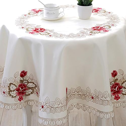 Miniatura 2 de Mantel de encaje bordado con flores cafés, color crema y beige, diseño clásico y tela que no se arruga para mesa de comedor