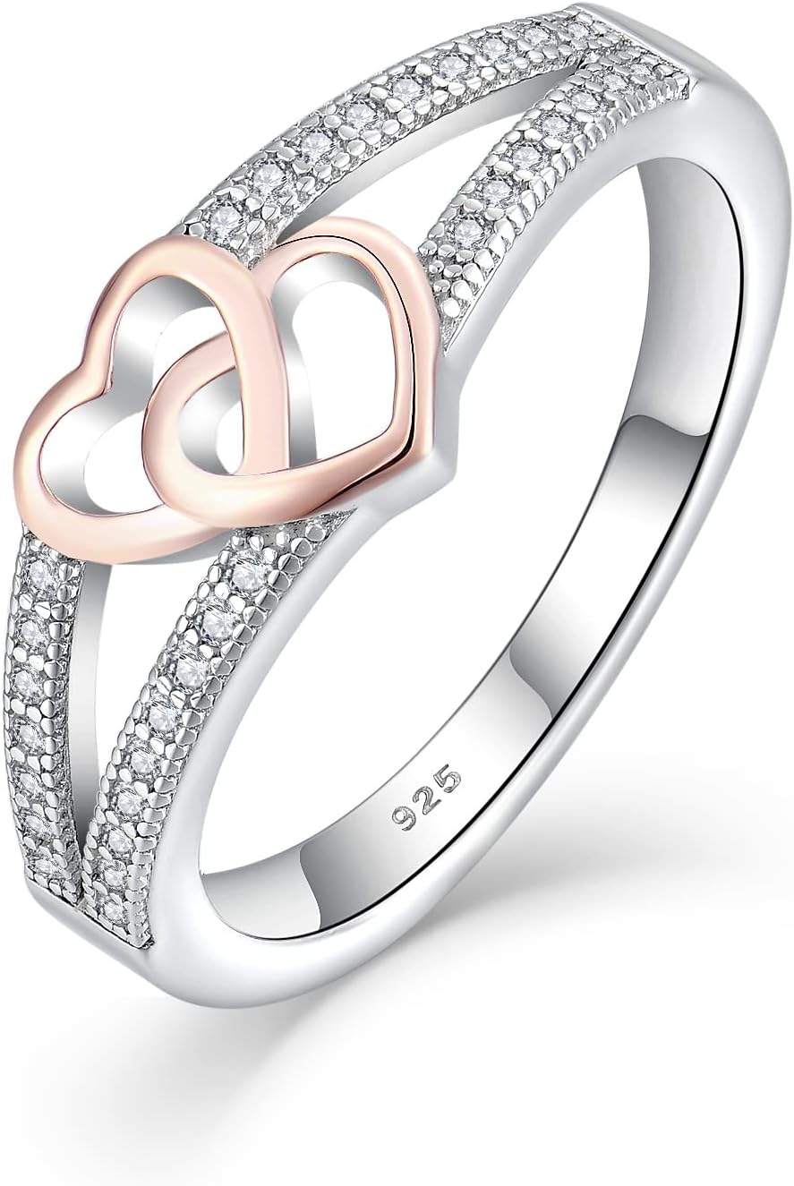 FJ Promise Ring for Her 925 Sterling Silver Double Heart Ring Engagement Anniversary Wedding Eternity Ring for Women