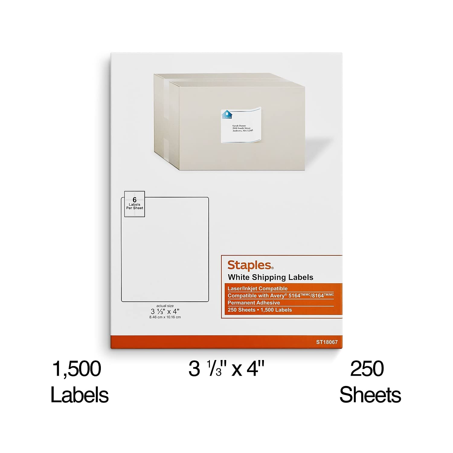 Staples Etichette bianche per spedizioni, 4 x 3 1/3, 250 fogli, 1500 etichette