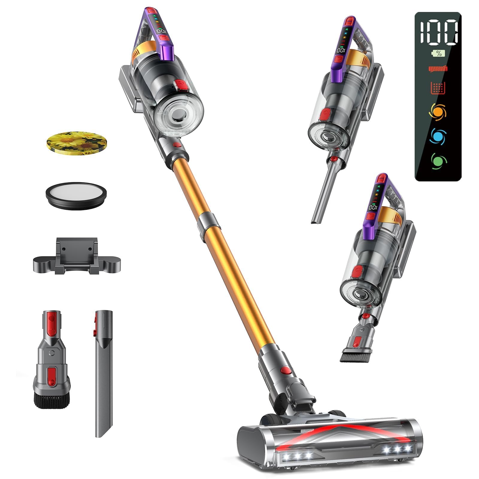 Aspirapolvere Senza Fili, 600W/48KPA 75 Mins,Scopa Elettrica Senza Fili a Doppia Impugnatura, Aspirapolvere Verticale Antigroviglio con Display a LED, Altamente Adatto per Tappeti/Pavimenti/Capelli