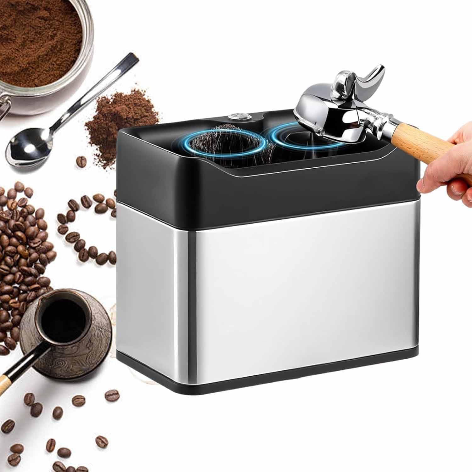 Limpiador automático de portafiltros de café con 3 raspadores y cepillo para una fácil eliminación de molidos