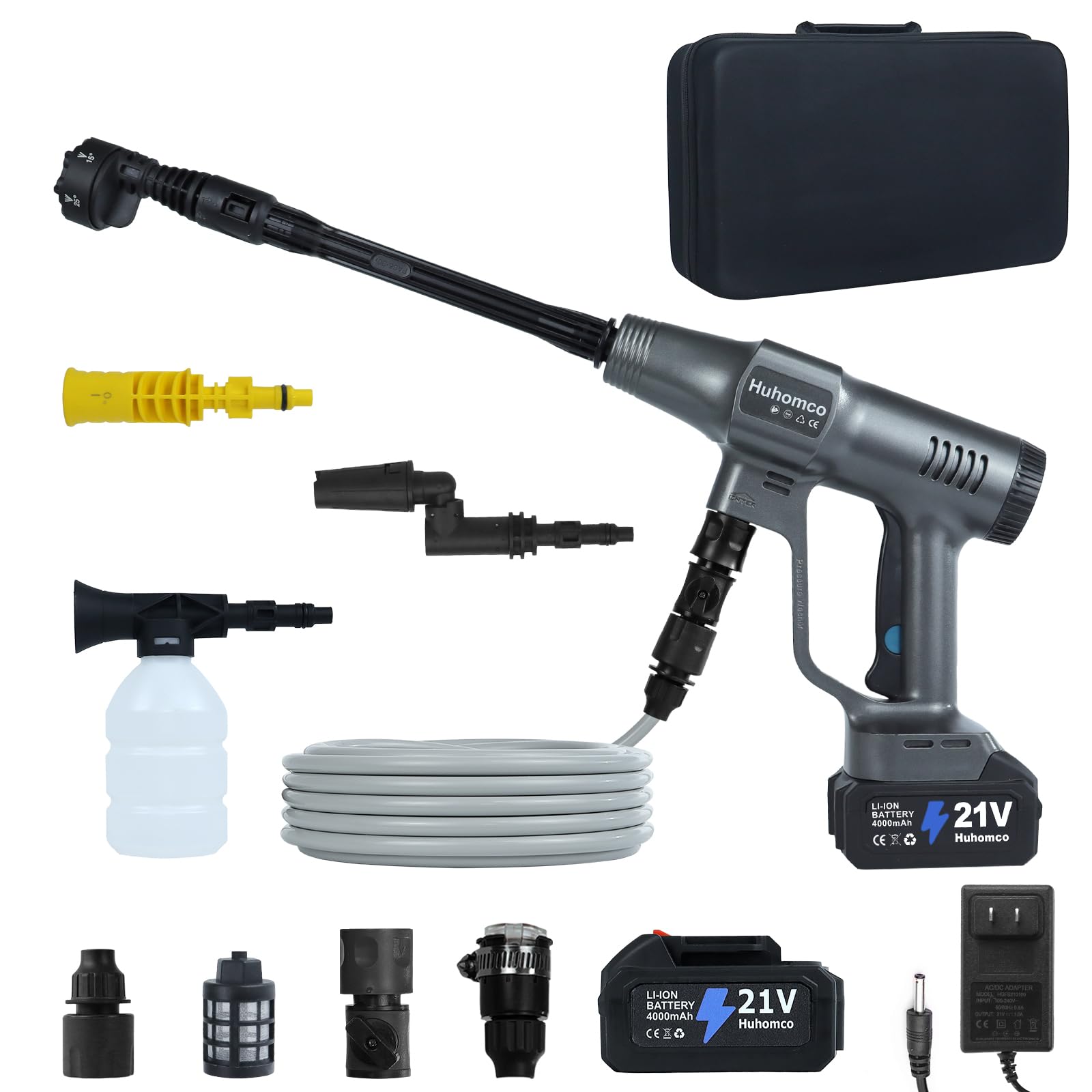 HuhomcoPressure Washer Cordless Battery Powered Brushless Gray, 2900PSI/200Bar with 2×4000mAH Battery, 3 Power Level Battery Operated Portable Powerwasher for Car Cleaning