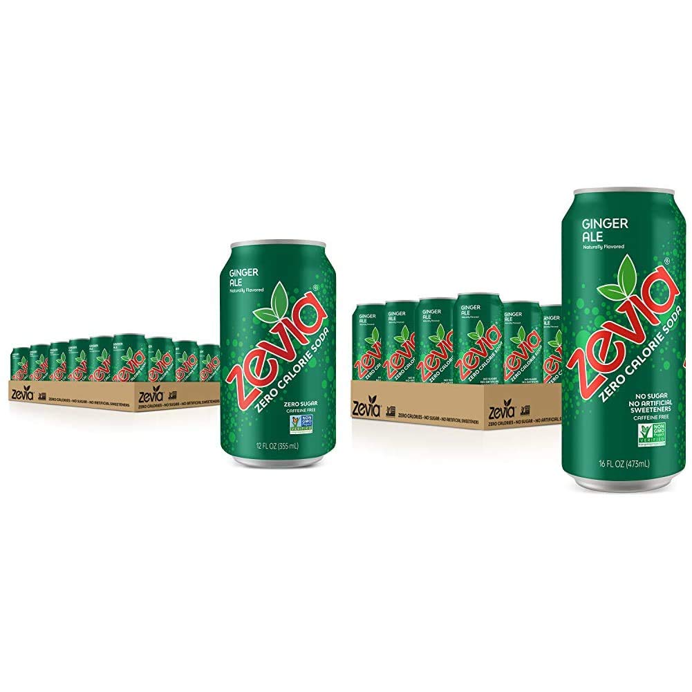 Zevia Zero Calorie Ginger Ale Soda Cans (24 Pack of 12 oz + 12 Pack of 16 oz)
