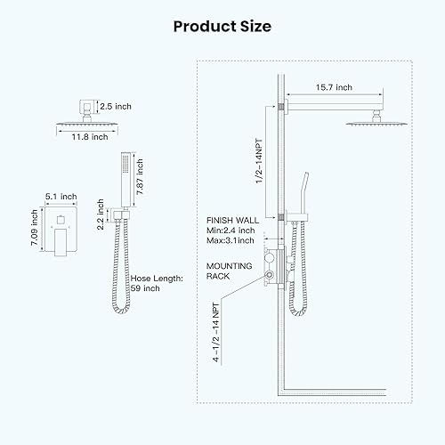 Miniatura 7 de gotonovo Sistema de ducha de lluvia dorado cepillado con cabezal de ducha cuadrado de alta presión de 12 pulgadas y kit de válvula de ducha,