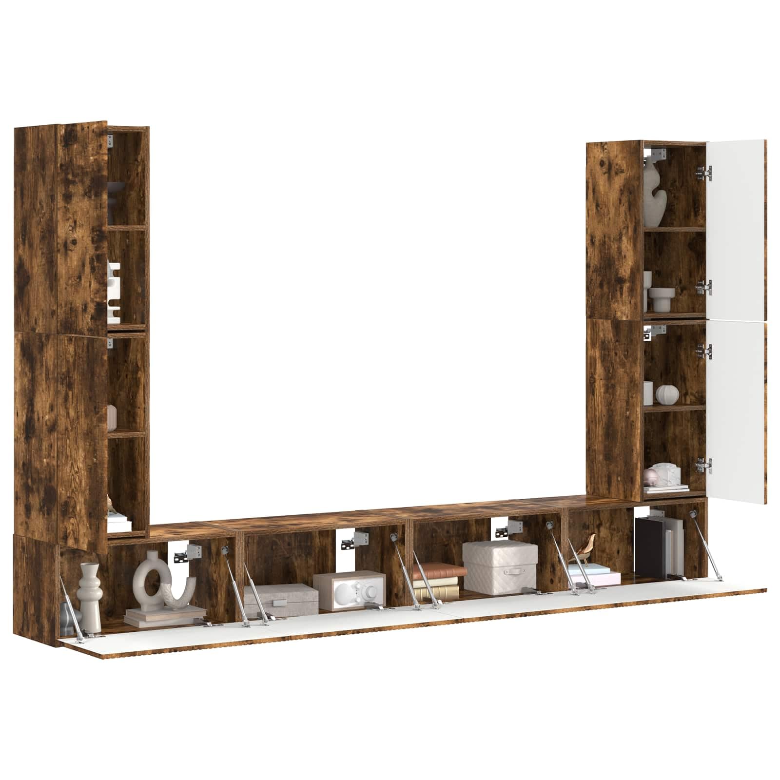 8-TLG. TV-Schrankset Wohnwand aus Holzwerkstoff, Geräucherte Eiche, Modernes Media-Center für Wohnzimmer, Wandregal-Set mit Stauraum für TV, Technik und Deko, 31x30x60cm & 60x31x29,5cm
