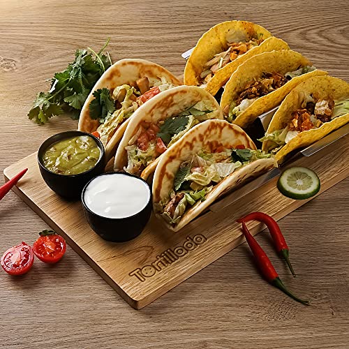 Tortillada - Taco Holders Set of 2 / Taco Holder Shell Stainless Steel with Wooden Serving Tray incl. 2 Ceramic Dip Bowls + Recipe Book - Image 4