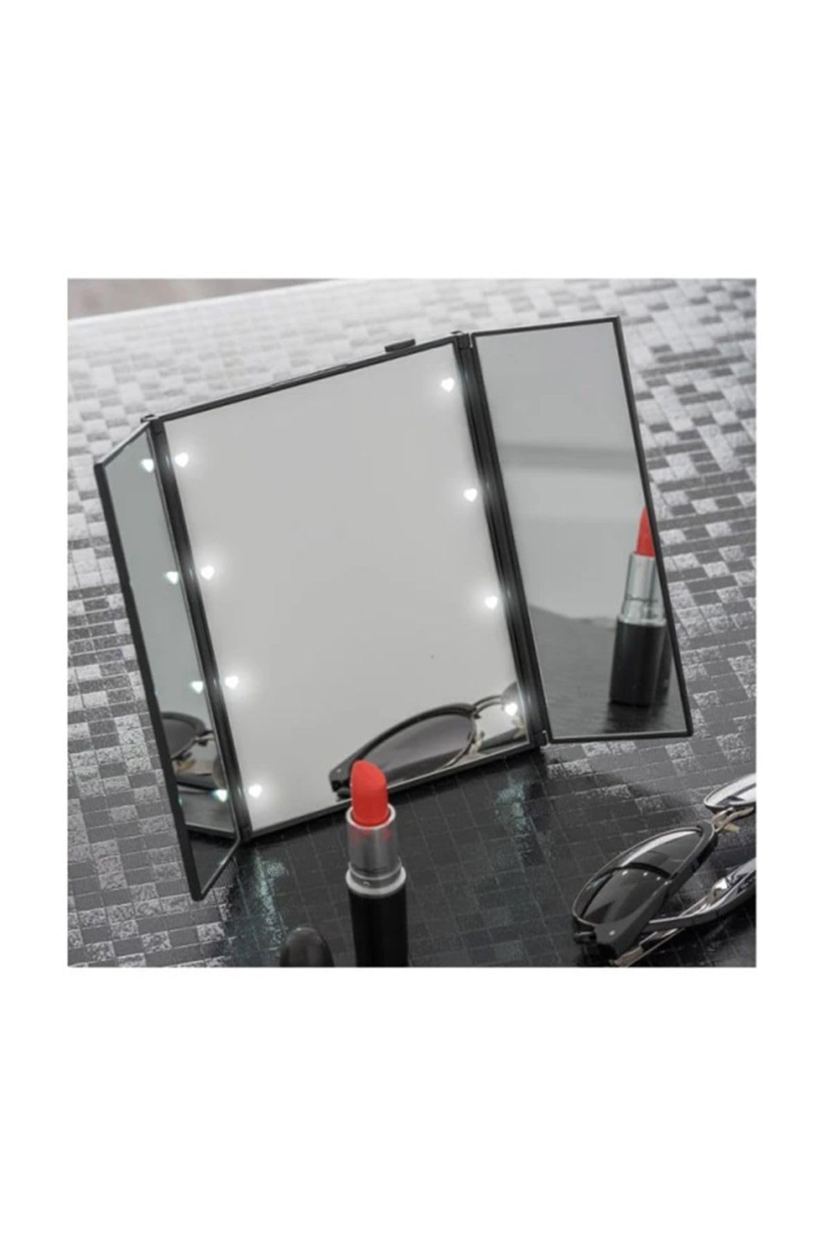 LED Işıklı Katlanabilir Makyaj Aynası Masaüstü Taşınabilir Seyahat Mike Up Üç Taraflı Ayna Siyah 12 x 14