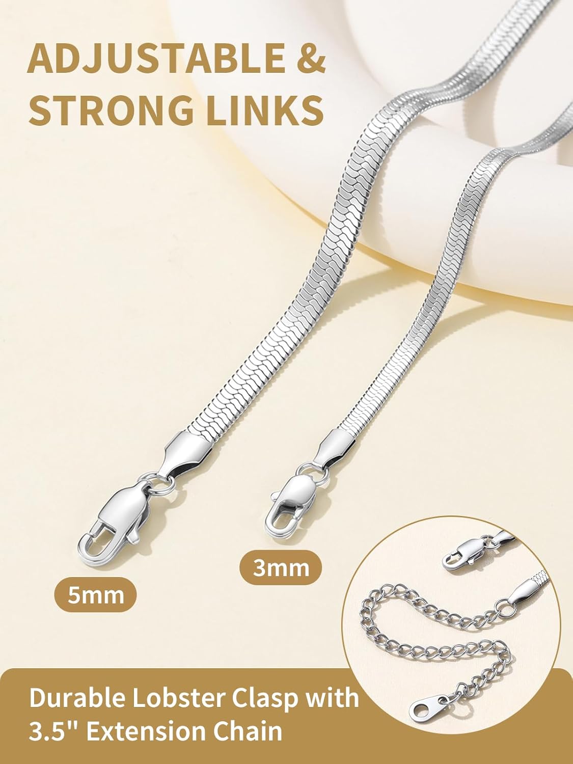 FindChic Herringbone Choker Necklace for Women, Black/Stainless Steel/14K Gold/Rose Gold Plated Adjustable Flat Snake Chain Necklaces, 3/5MM Width 12.5/15/18 Inches, with Jewelry Gift Box - Image 5