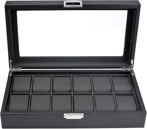 Miniatura 6 de Mantello Caja de reloj 12 ranuras para hombres Caja de reloj con tapa de cristal grande Organizador de caja de reloj para hombre (negro)