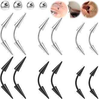 16G Spike Eyebrow Piercing Jewelry, Curved Barbell Eyebrow Tragus Lip Rings with Balls, Black Spike Earrings Rook Nose Bridge Ring for Women Men