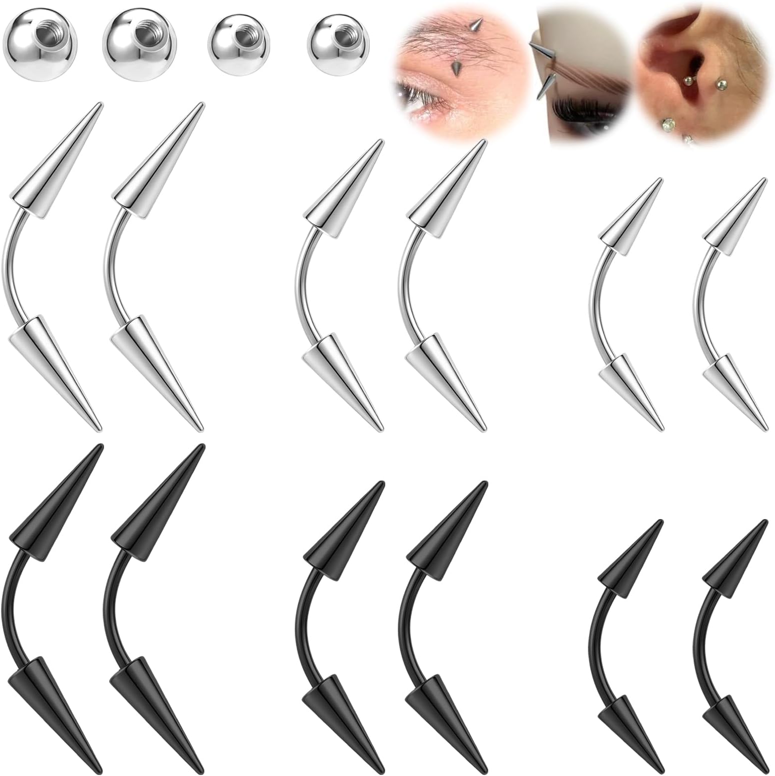 BodyAce 16G Spike Eyebrow Piercing Jewelry, Curved Barbell Eyebrow Tragus Lip Rings with Balls, Black Spike Earrings Rook Nose Bridge Ring for Women Men