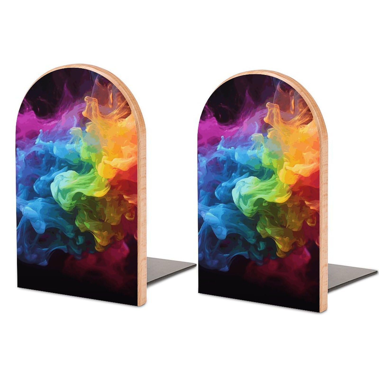 Beech Wood Book Ends Rainbow Smoke Printed Bookend for Shelves Home Decorative Bookends for Heavy Books for Office Bookshelves