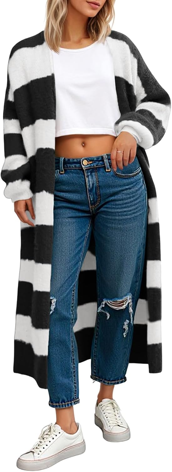 Saodimallsu Womens Striped Long Cardigan Sweaters Open Front Oversized Chunky Fuzzy Knit Fall Duster Sweater Coats