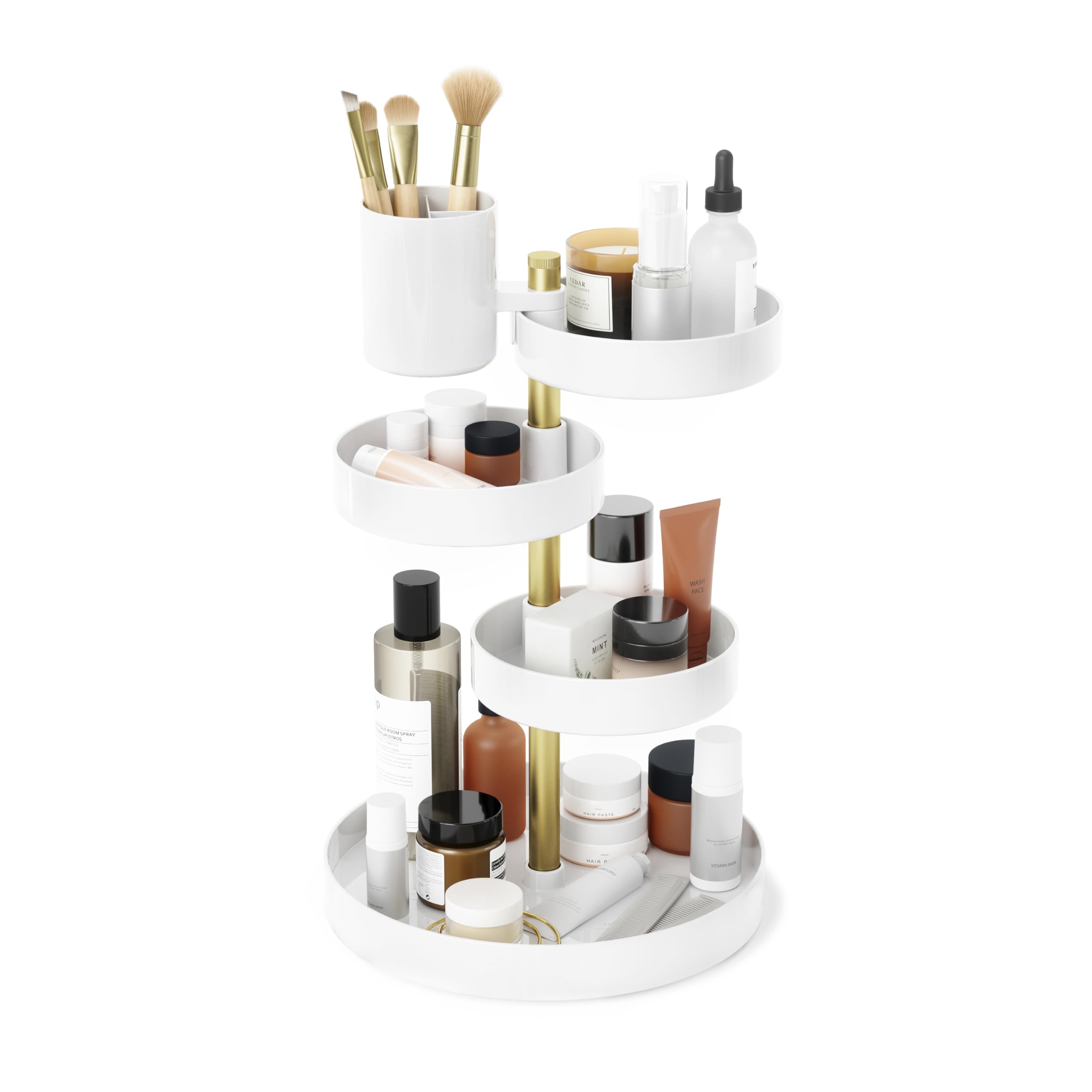 Umbra Pirouette Kosmetik-Organizer, Make-up-Aufbewahrung mit großem Fassungsvermögen und verstellbaren Fächern, Weiss/Messing