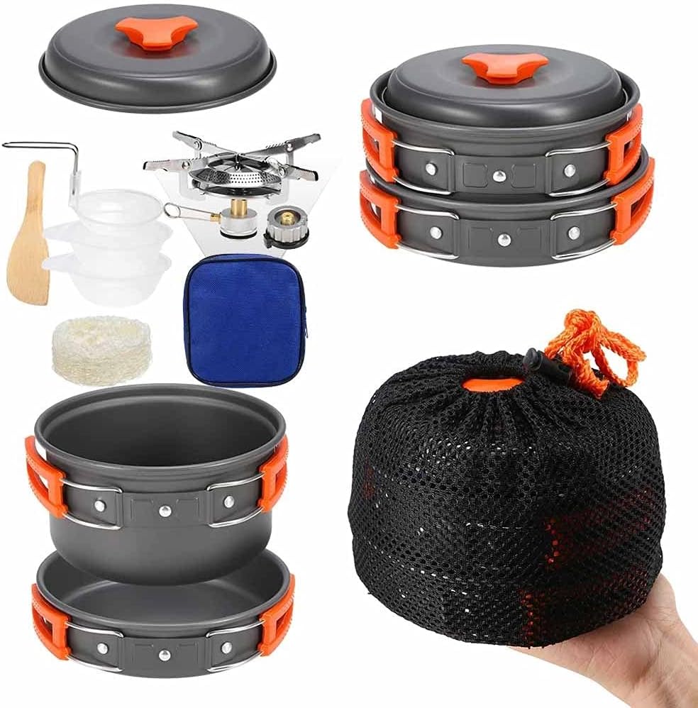 Lightweight Aluminum Alloy Camping Pot Hiking Picnic Tourist Tableware Set Outdoor Stove Pot Pan Plastic Bowl Outdoor Cookware(Color:E)