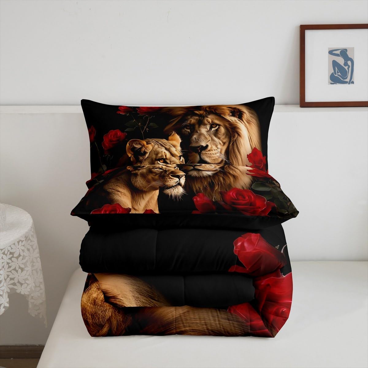 jejeloiu Lion Comforter Set Twin Size Rose Lion Bedding Set for Kids Boys Girls Safari Print Duvet Quilt 3D Wild Animal Pattern Bedroom Decor Microfiber 2 Pcs with 1 Pillow Cases - Image 4