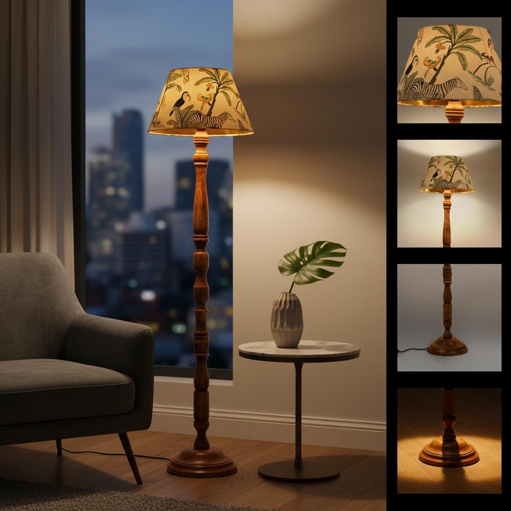 Modern Wooden Floor Lamp with Fabric Shade Tall Standing Light for Living Room & Bedroom