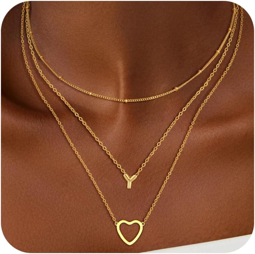 Heart Initial Necklace for Women, Gold Initial Necklaces, Gold Layered Necklaces for Women, 14K Gold Plated Bubble Letter A-Z Pendant Necklace Stack, Christmas Gifts for Women