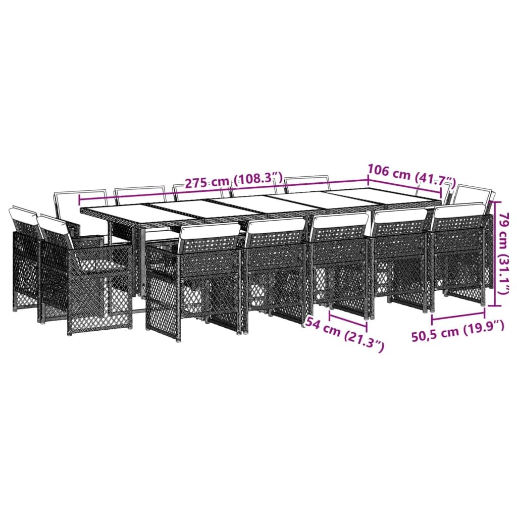 15-częściowy zestaw do jadalni z poduszkami, brązowy polirattan, 275 x 106 x 73 cm, na taras, balkon, do jadalni, odporny na promieniowanie UV, łatwy w pielęgnacji, trwały zestaw mebli
