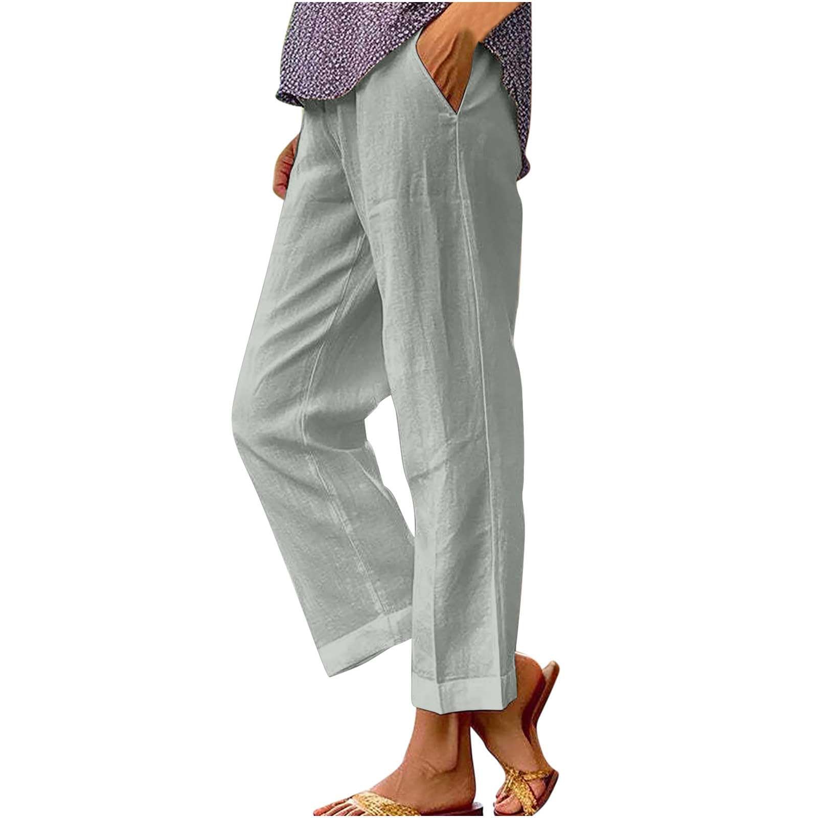 2024 Cotton Linen Pants Women Summer Elastic Waist Crop Pants Plus Size Straight Leg Slack Casual Trouser with Pocket