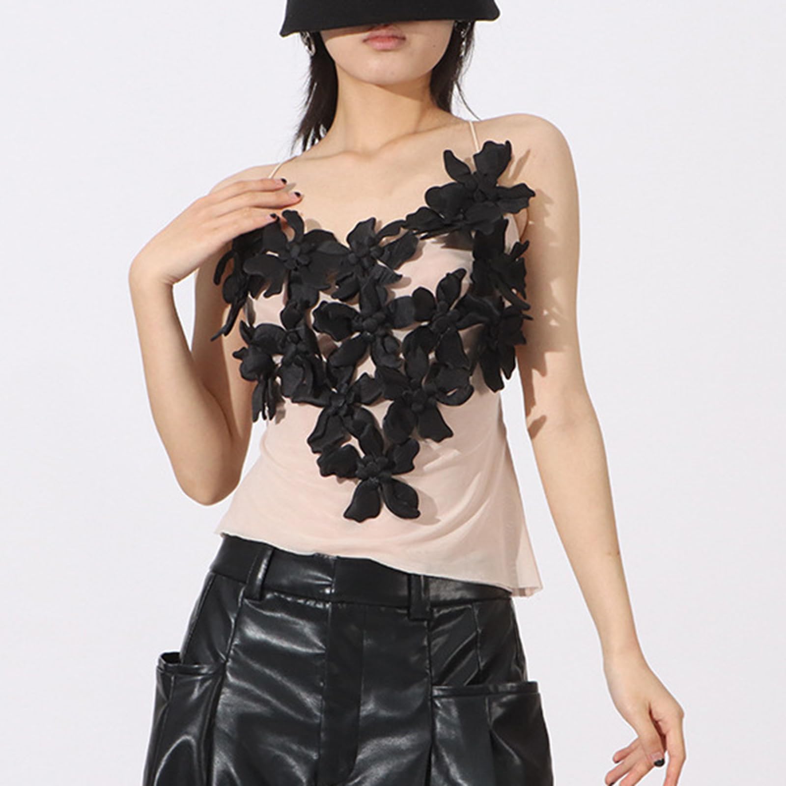Femmes 3D Fleur Camisole Top Maille Dos Nu Sans Manches Slim Fit Camisole Cami Soirée Clubwear