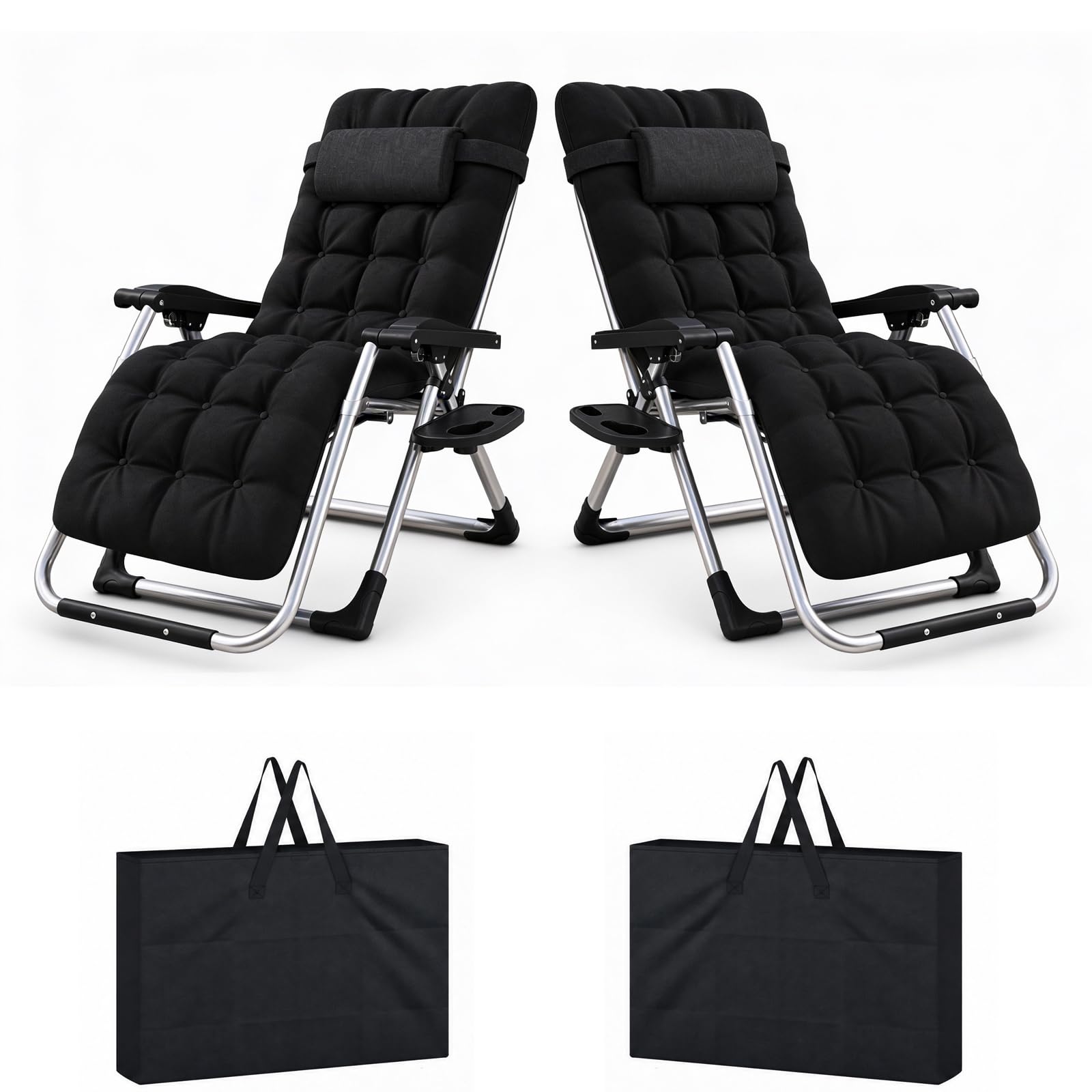 BSESEL Folding Outdoor Zero Gravity Chair Reclining Patio Lawn Chairs with Bag, Soft Cushion & Cup Holder Garden Beach Deck Sun Lounger Recliner Chair for Camping Holidays (2PCS Black Chairs)