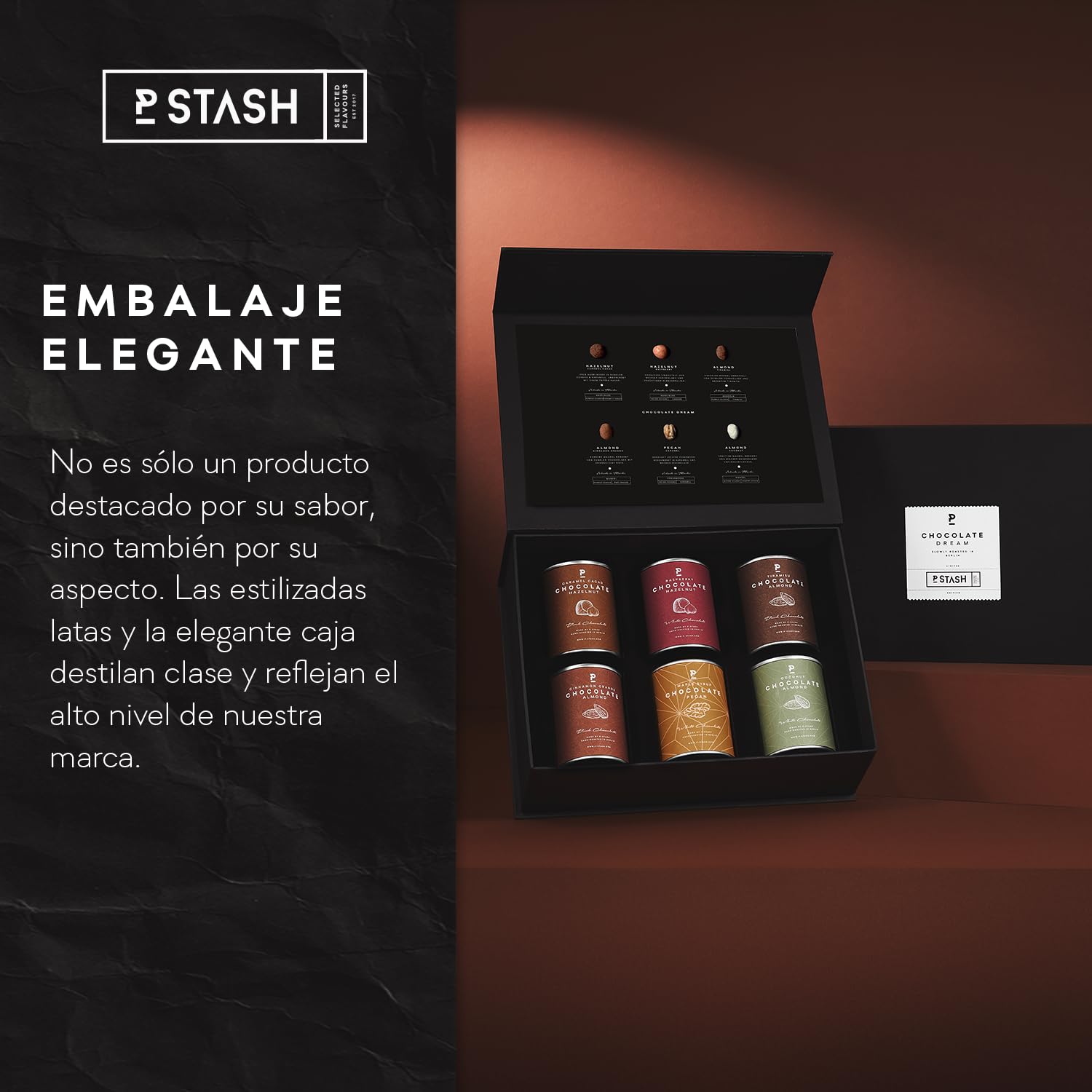 P-Stash Black Box Mix de Frutos Secos Chocolate Dream – Caja de 6 – Nueces pecanas, Avellanas & Almendras – Frutos secos con chocolate y especias únicas, tostados a mano en Berlín