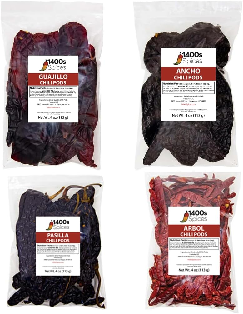 1400S SPICES Dried Chiles Peppers 4 Pack Bundle - Chile Guajillo Stemless, Ancho, Pasilla and Arbol