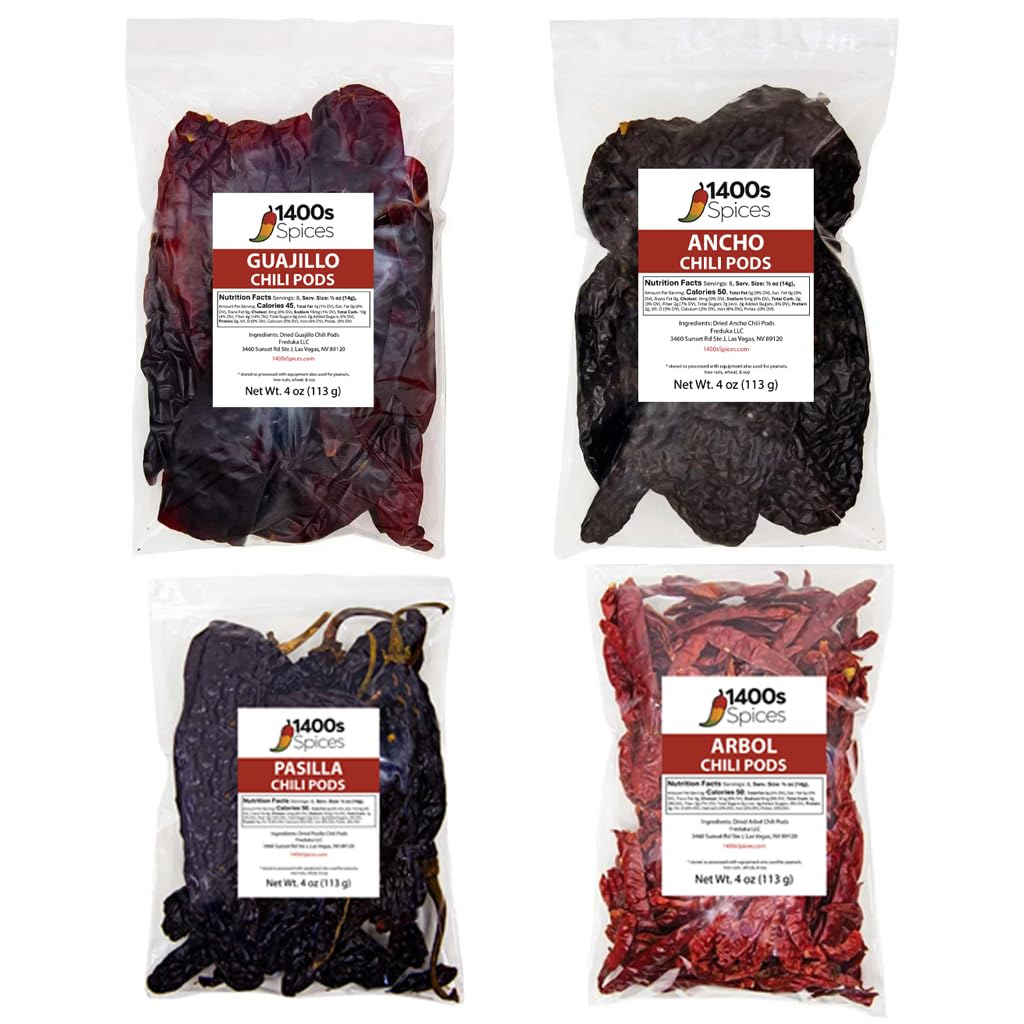 1400s Spices Dried Mexican Chiles 4 Pack: Stemless Guajillo, Ancho, Pasilla, Arbol - Authentic Heat for Salsas, Moles & Pozole