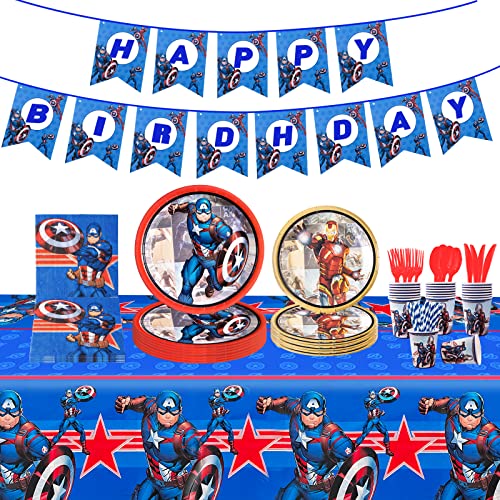 92 Stück Superhelden Geburtstagsdeko Partygeschirr Captain America Pappteller Kindergeburtstag mit Avengers Marvel Party Teller Becher Servietten Tischdecke Trinkhalme Geburtstag Deko für 10 Personen Cover