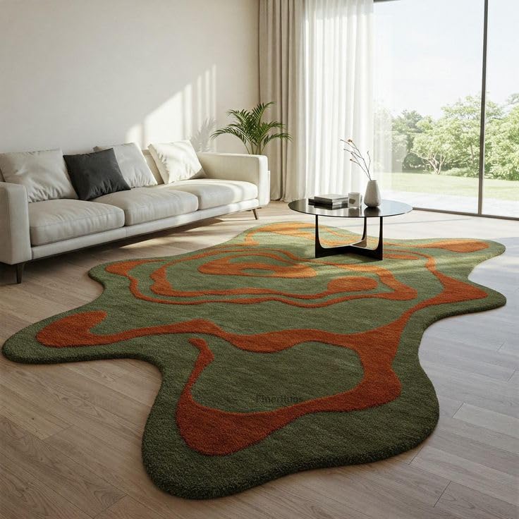 Hand Tufted Irregular Unshaped Design Carpets for Living Room Bedroom and Hall Size 4x6 Feet (120x180 cm) Color Green & Burnt Orange