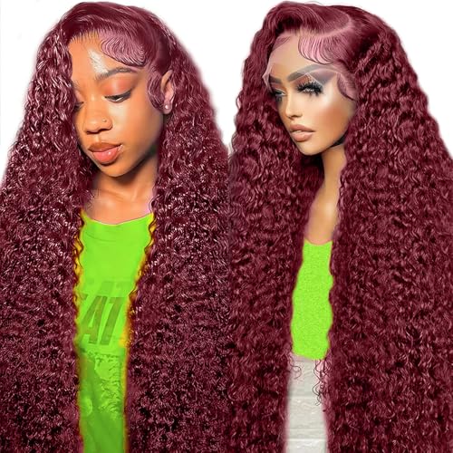 Kivolin 99j Burgundy Lace Front Wigs Human Hair 28 Inch Deep Wave Lace Front Wigs Human Hair Pre Plucked Red Curly Human Hair Wig 13x4 HD Colored Frontal Glueless Wet and Wavy Loose Deep Wave